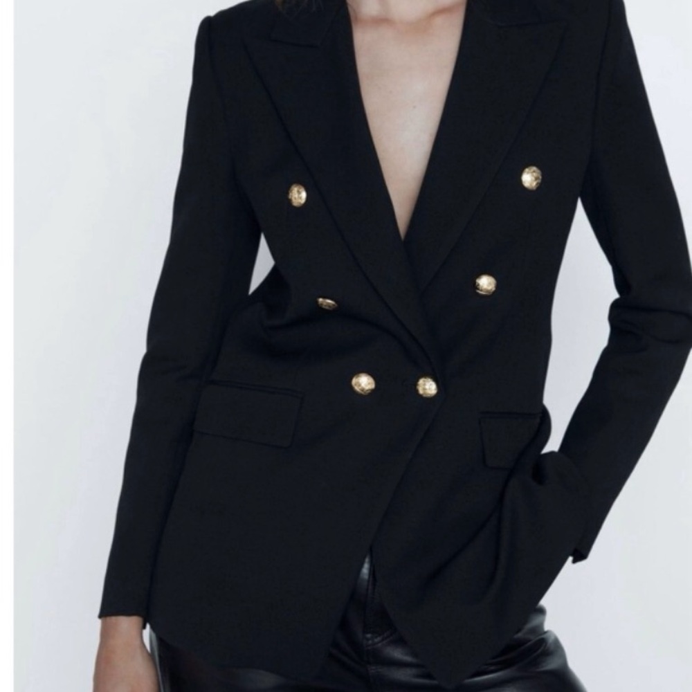 Zara Black Double Breasted Blazer with Black and Gold Buttons